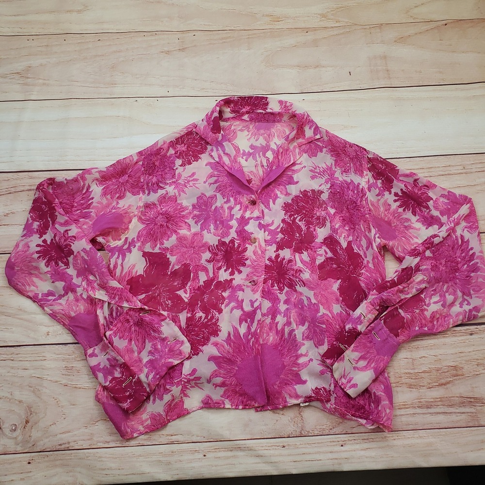 Vintage Blouse Womens 14 Sheer Pink Floral Button Up Long Sleeve Collar Silk **